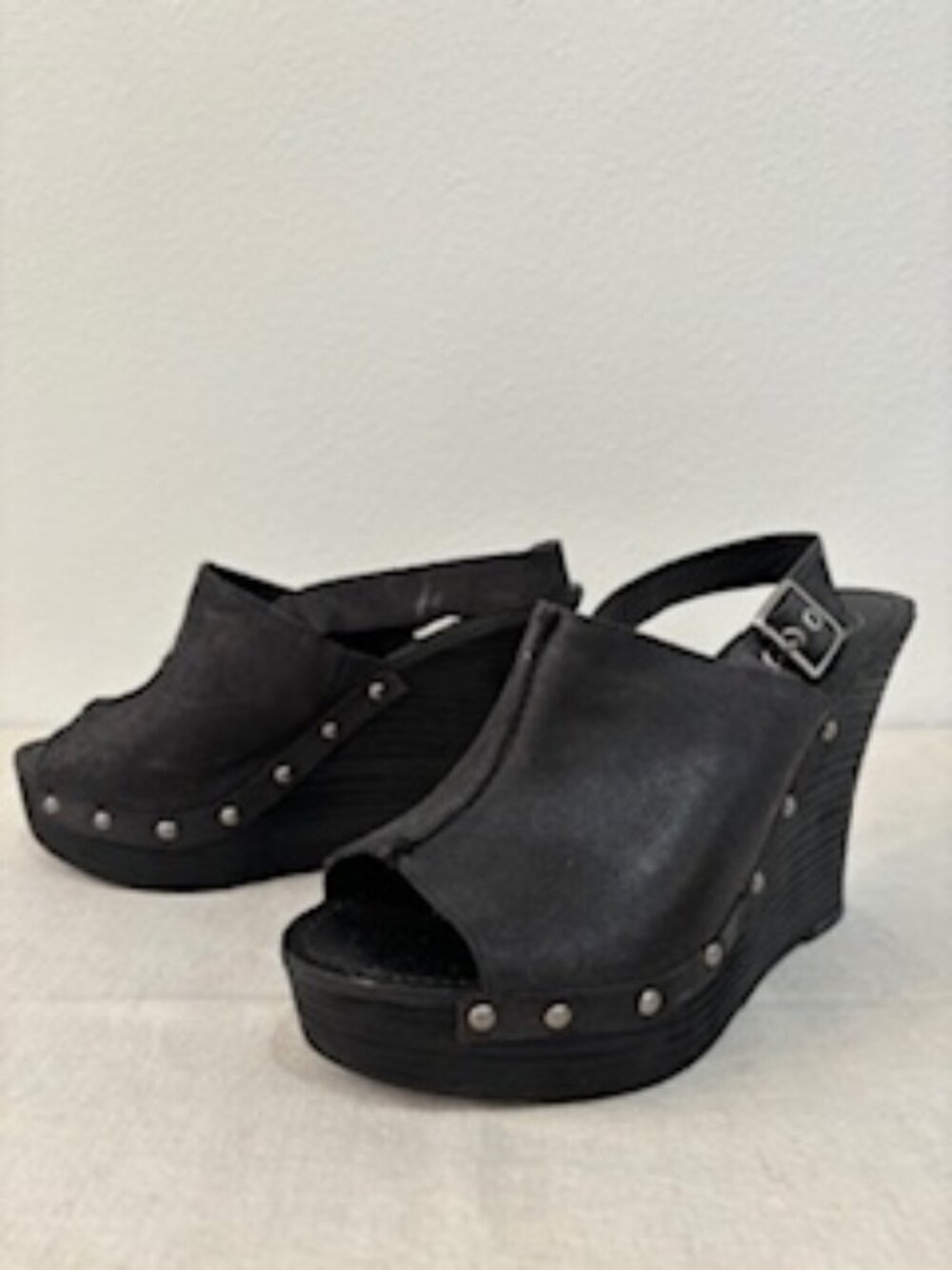 Black Leather/Suede Open Toe Wedge Heel - Size 8